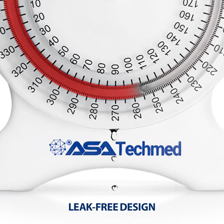 A close-up view of the bottom portion of a white circular measurement dial featuring the brand name "ASATechmed" in blue. The image highlights the blue fluid inside the gauge and includes text at the bottom that reads "LEAK-FREE DESIGN".