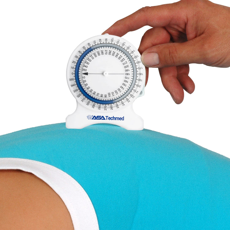 A photo demonstrating the device in use, showing a hand placing the curved base of the white 360-degree dial onto a blue cloth-covered surface, likely a person's back or limb, to measure range of motion.