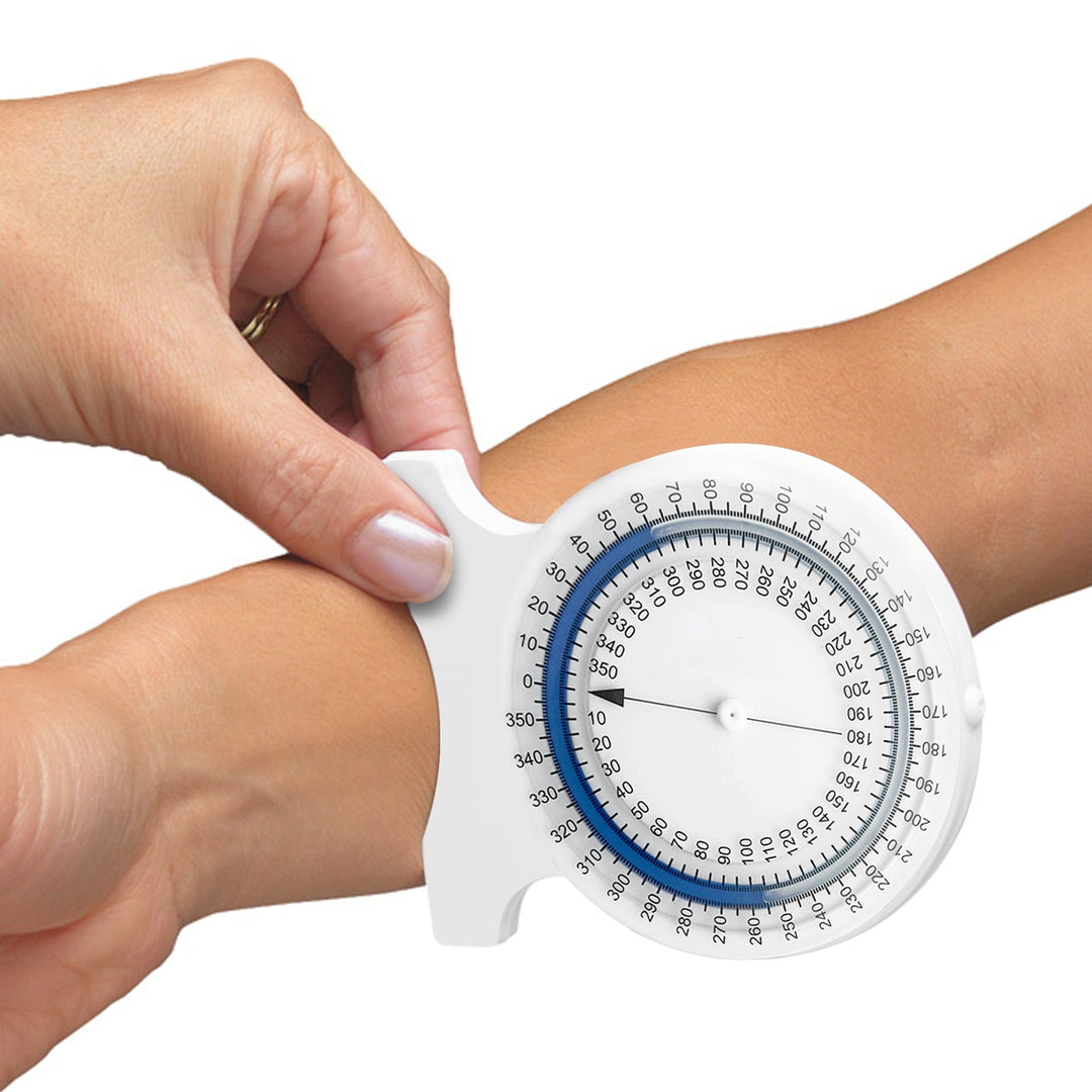 A demonstration of the tool being used to measure joint flexibility, featuring a person holding the ASATechmed inclinometer against a wrist to gauge the angle.