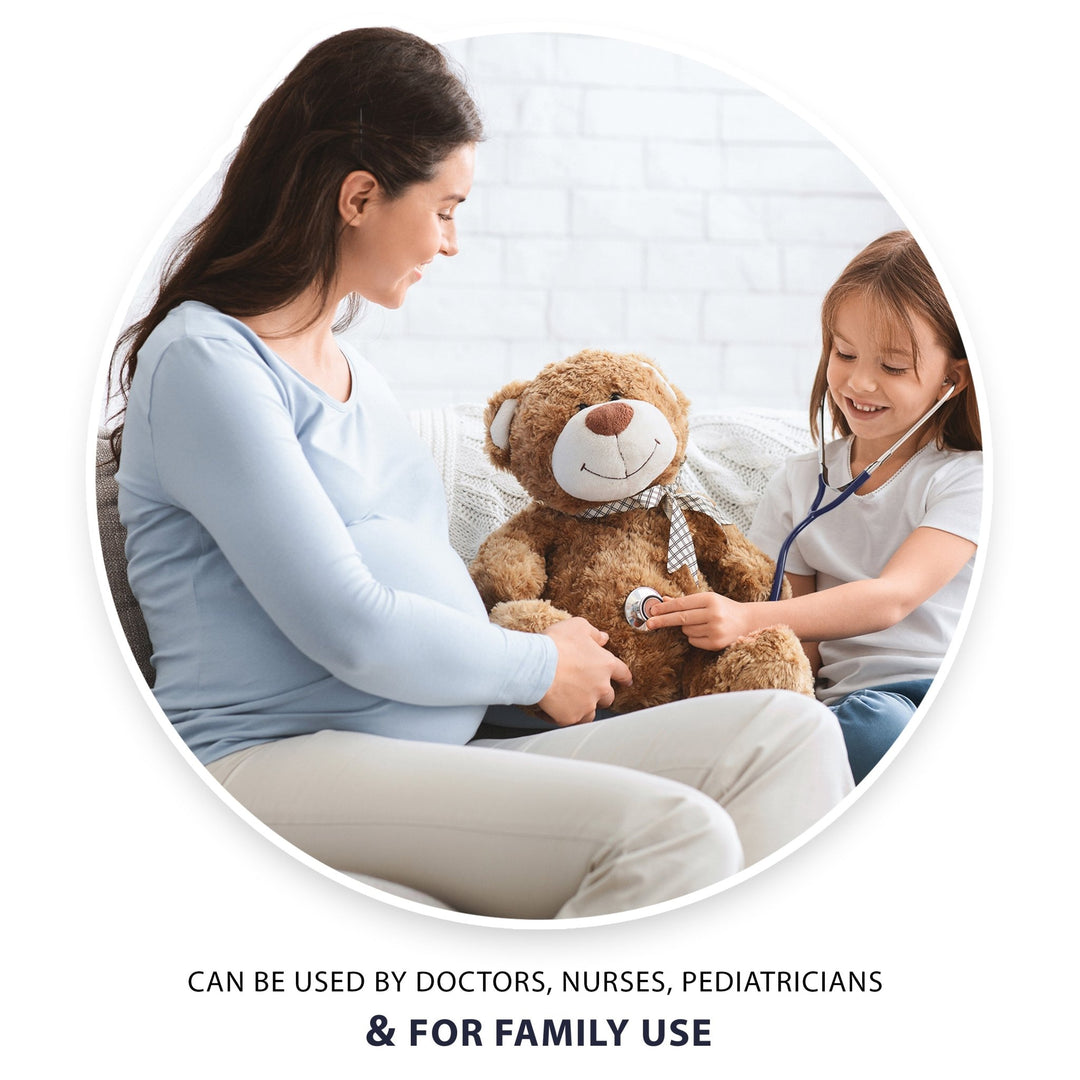 A lifestyle image showing a young girl using the stethoscope on a teddy bear while a pregnant woman sits next to her smiling. Text at the bottom reads: "CAN BE USED BY DOCTORS, NURSES, PEDIATRICIANS & FOR FAMILY USE."