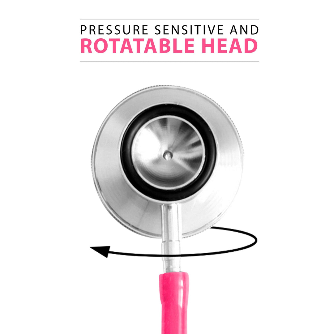 A detailed close-up of the silver stethoscope chest piece. A black arrow indicates the head can rotate. Text reads: "PRESSURE SENSITIVE AND ROTATABLE HEAD."