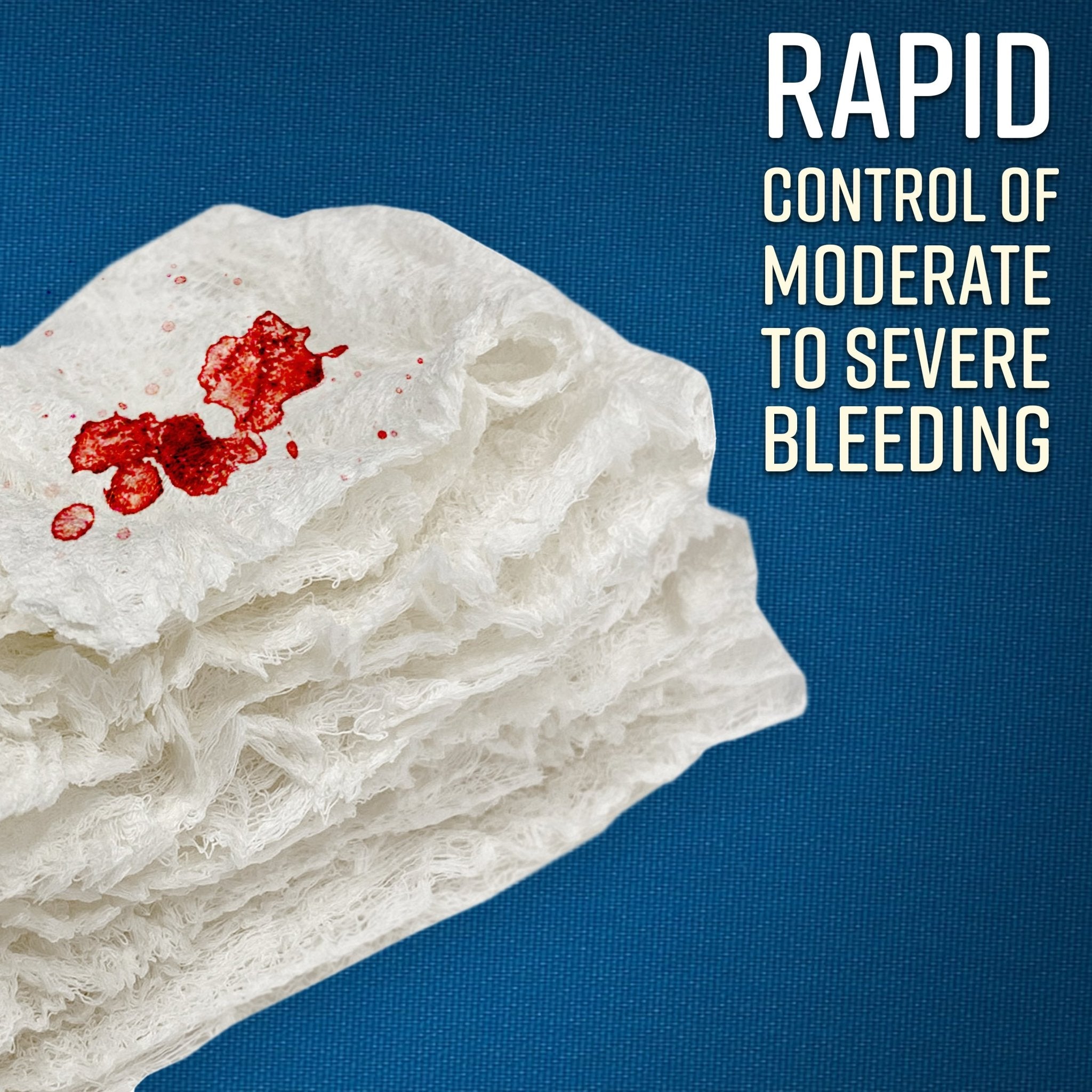 A close-up of the expanded white gauze with simulated red blood spots to demonstrate its function. Text on the right reads: "RAPID CONTROL OF MODERATE TO SEVERE BLEEDING."