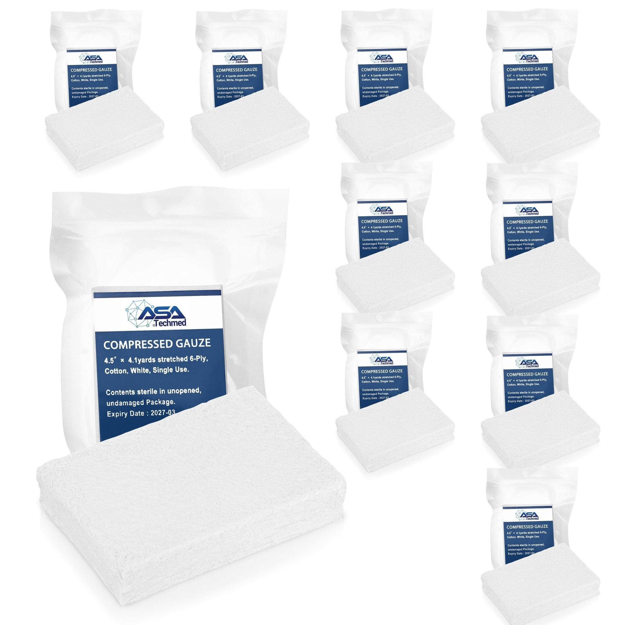 A product arrangement showing a set of ten individually vacuum-sealed packages of ASATechmed Compressed Gauze. Each package is accompanied by a small unwrapped block of gauze to show the contents.