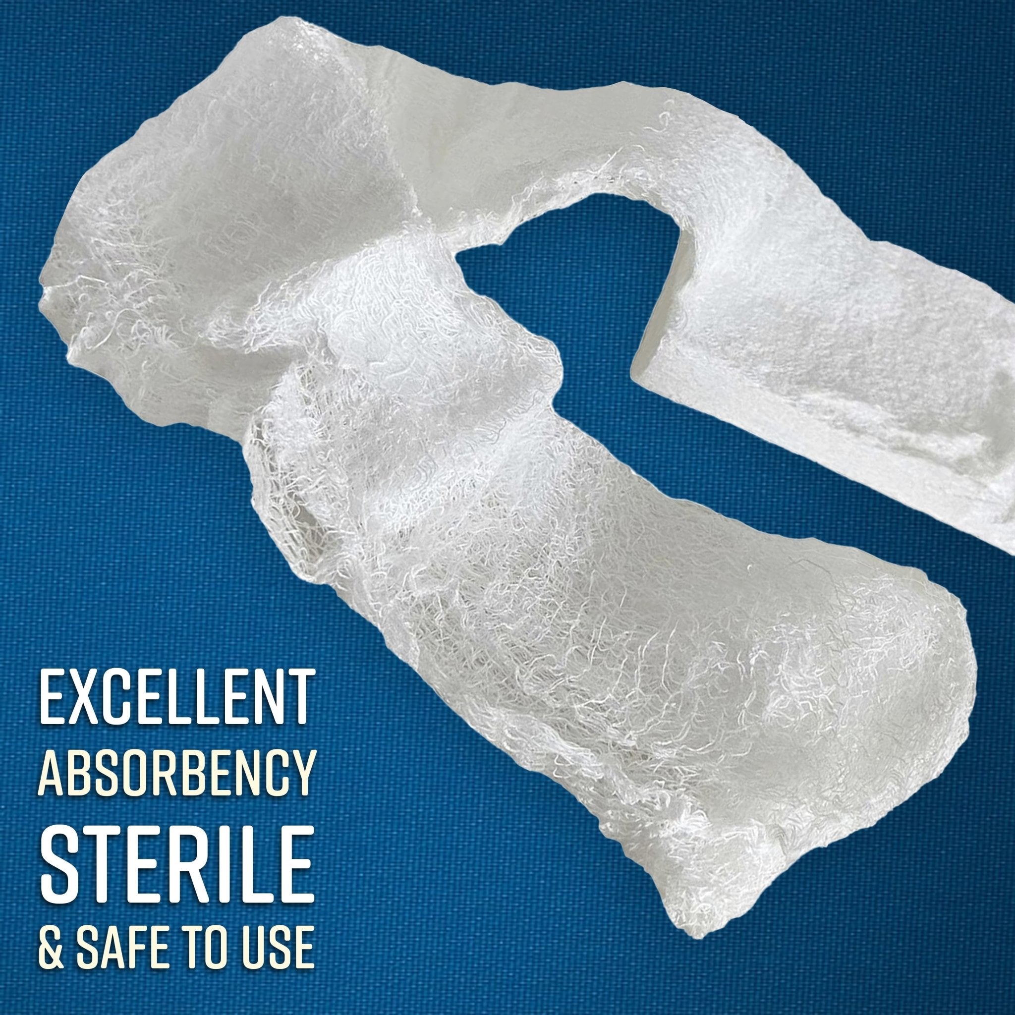 The white gauze is shown partially unrolled and expanded to demonstrate its texture and length. Text overlay on the left reads: "EXCELLENT ABSORBENCY STERILE & SAFE TO USE."