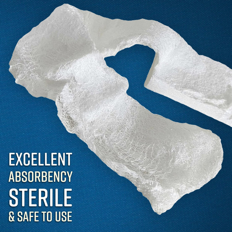 The white gauze is shown partially unrolled and expanded to demonstrate its texture and length. Text overlay on the left reads: "EXCELLENT ABSORBENCY STERILE & SAFE TO USE."