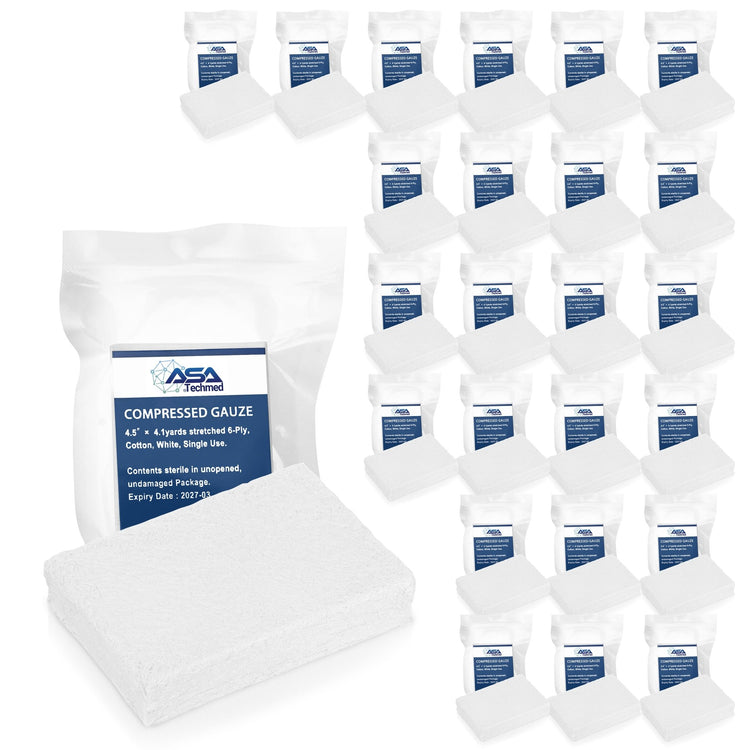 A product arrangement showing a set of twenty five individually vacuum-sealed packages of ASATechmed Compressed Gauze. Each package is accompanied by a small unwrapped block of gauze to show the contents.