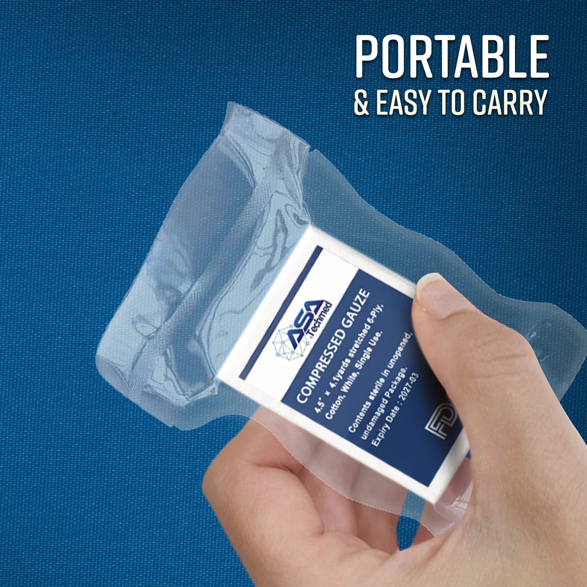 A hand holding a vacuum-sealed package of white compressed gauze against a blue background. The packaging features the ASATechmed logo and product details. Text overlay at the top right reads: "PORTABLE & EASY TO CARRY."