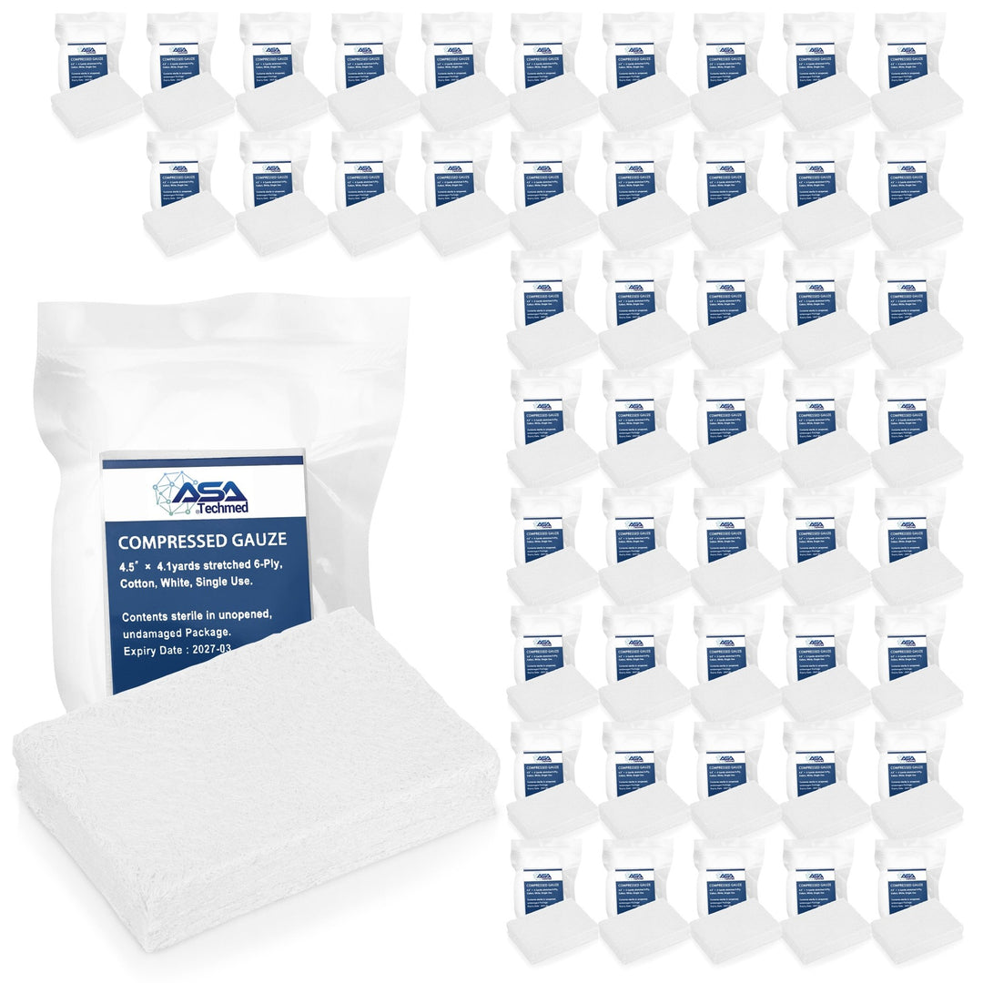 A product arrangement showing a set of fifty individually vacuum-sealed packages of ASATechmed Compressed Gauze. Each package is accompanied by a small unwrapped block of gauze to show the contents.