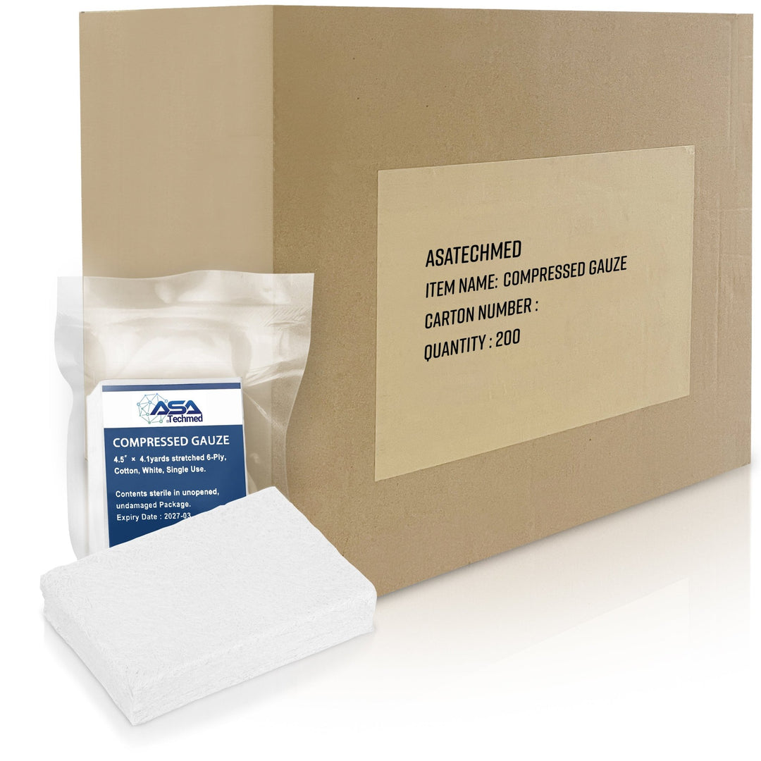 A large cardboard shipping box labeled "ASATECHMED ITEM NAME: COMPRESSED GAUZE QUANTITY: 200". Beside it is a single vacuum-sealed gauze package and an unwrapped block of gauze.