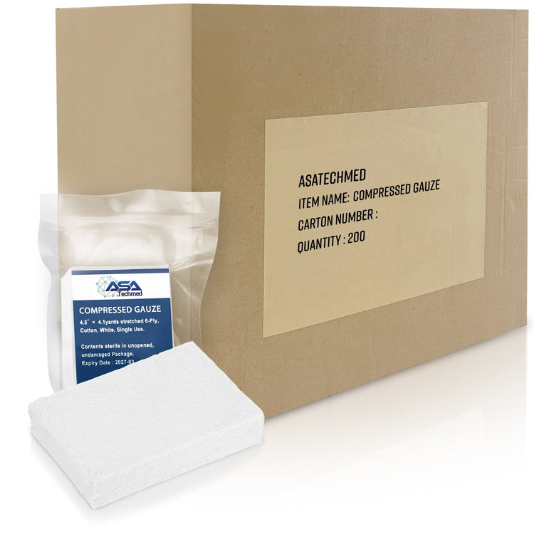 A large cardboard shipping box labeled "ASATECHMED ITEM NAME: COMPRESSED GAUZE QUANTITY: 200". Beside it is a single vacuum-sealed gauze package and an unwrapped block of gauze.