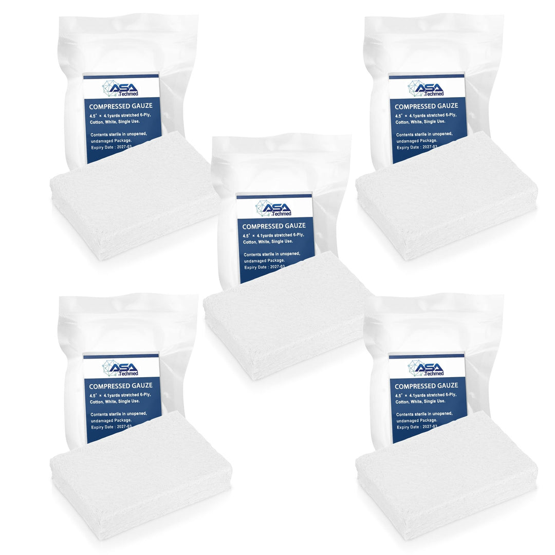 A product arrangement showing a set of five individually vacuum-sealed packages of ASATechmed Compressed Gauze. Each package is accompanied by a small unwrapped block of gauze to show the contents.