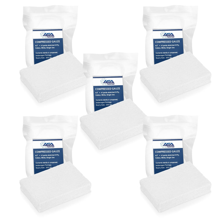 A product arrangement showing a set of five individually vacuum-sealed packages of ASATechmed Compressed Gauze. Each package is accompanied by a small unwrapped block of gauze to show the contents.