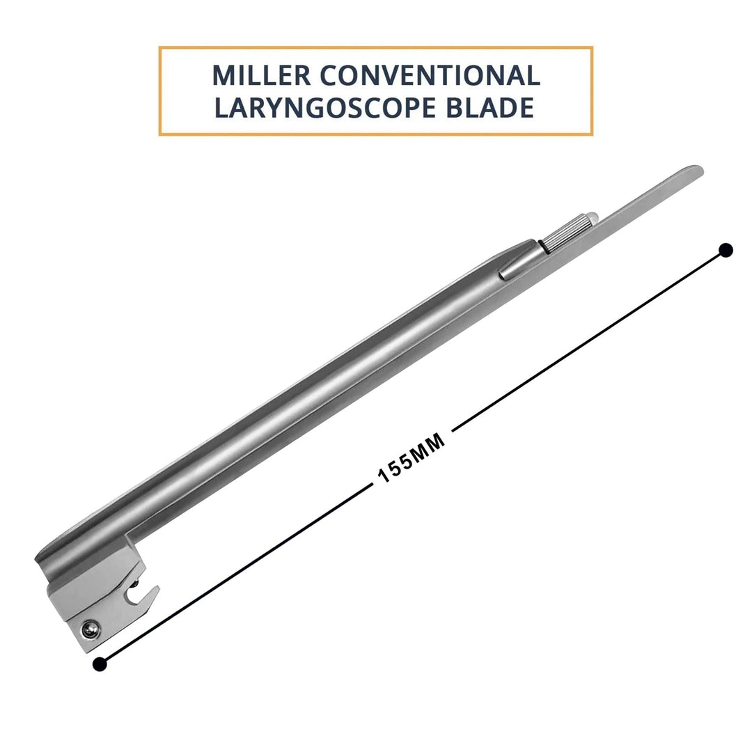"A stainless steel Miller conventional laryngoscope blade with a straight design. Text indicates the length is 155mm."