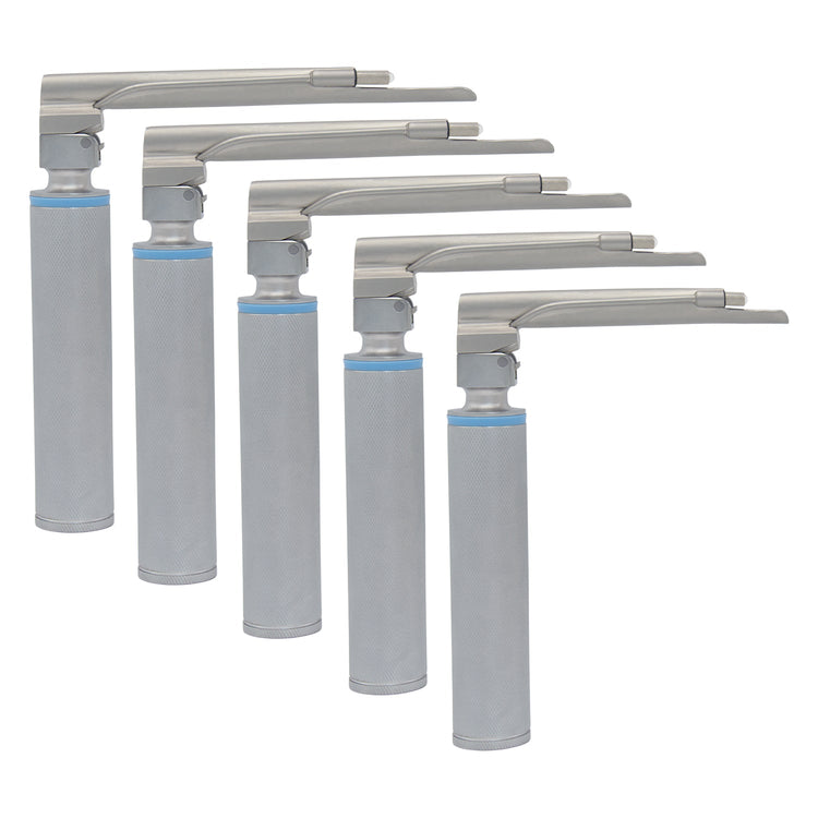 Five laryngoscopes with straight Miller blades standing upright in a staggered diagonal line, showing the side profile of the stainless steel blades and textured handles.