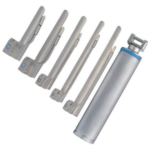 A flat-lay arrangement of a laryngoscope set on a white background, featuring a textured handle on the right and five straight Miller blades angled diagonally to the left.