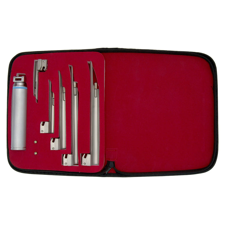 An open medical instrument case with a red interior lining, neatly displaying a silver laryngoscope handle, five straight Miller blades of different lengths, and two spare light bulbs secured in designated slots.