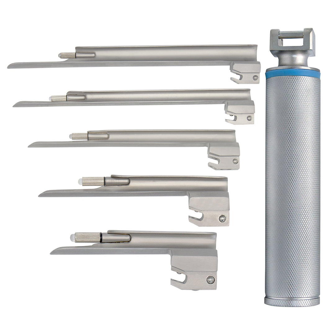 A display showing a silver laryngoscope handle standing upright on the right, with five detached Miller blades arranged horizontally to the left in a stack, ordered from smallest at the bottom to largest at the top.