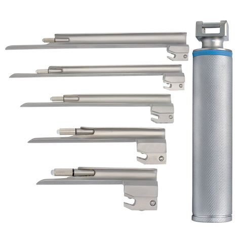 A display showing a silver laryngoscope handle standing upright on the right, with five detached Miller blades arranged horizontally to the left in a stack, ordered from smallest at the bottom to largest at the top.