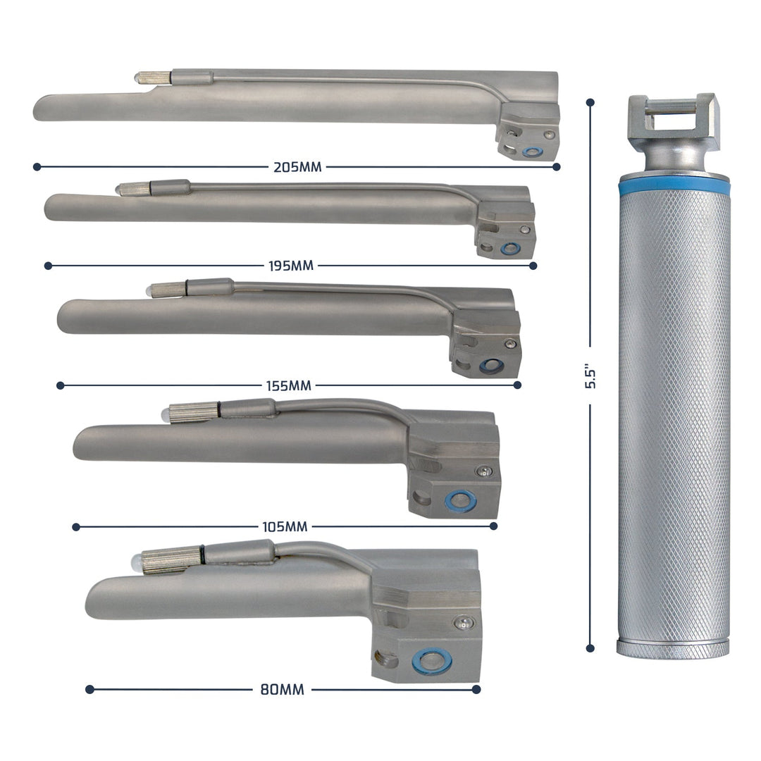 A size chart for a Miller laryngoscope set. The handle height is labeled as 5.5". Five blades are stacked horizontally with length measurements: 205mm, 195mm, 155mm, 105mm, and 80mm.