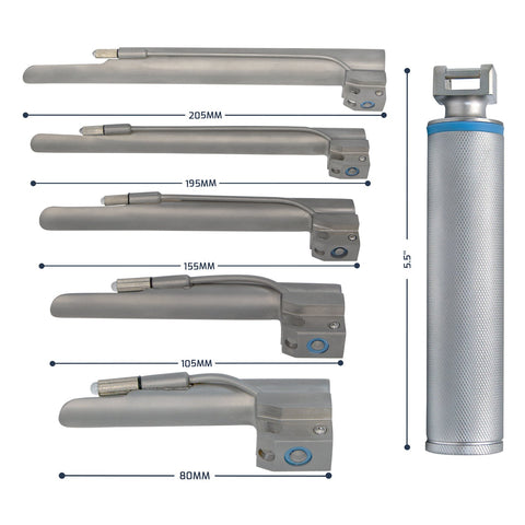 A size chart for a Miller laryngoscope set. The handle height is labeled as 5.5". Five blades are stacked horizontally with length measurements: 205mm, 195mm, 155mm, 105mm, and 80mm.