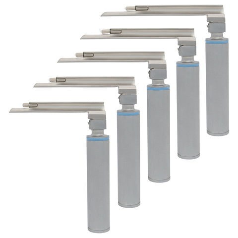 Side view of five assembled laryngoscopes standing in a row, showing the varying lengths of the straight Miller blades attached to identical silver handles.