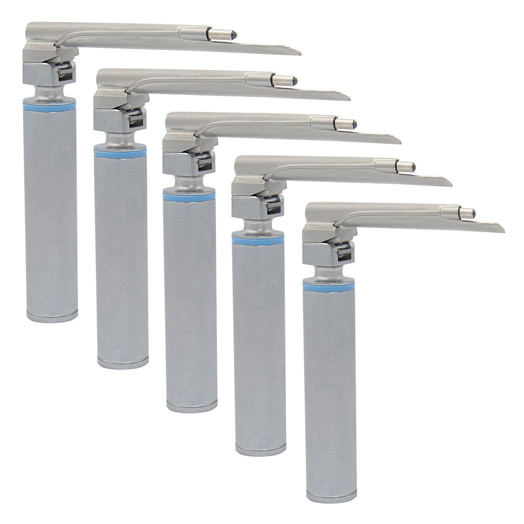 A set of five assembled laryngoscopes arranged in a diagonal row, featuring silver knurled handles with blue rings and straight Miller blades in varying sizes.