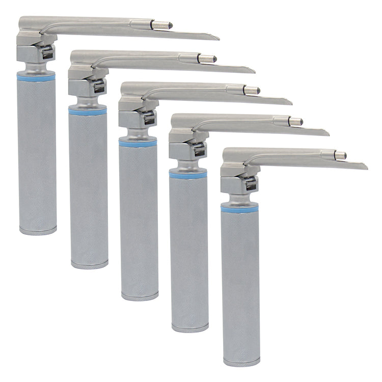A set of five assembled laryngoscopes arranged in a diagonal row, featuring silver knurled handles with blue rings and straight Miller blades in varying sizes.