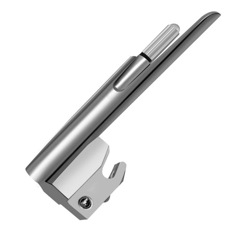 "An angled view of a single stainless steel Miller laryngoscope blade on a white background, showing the light source and locking mechanism at the base."