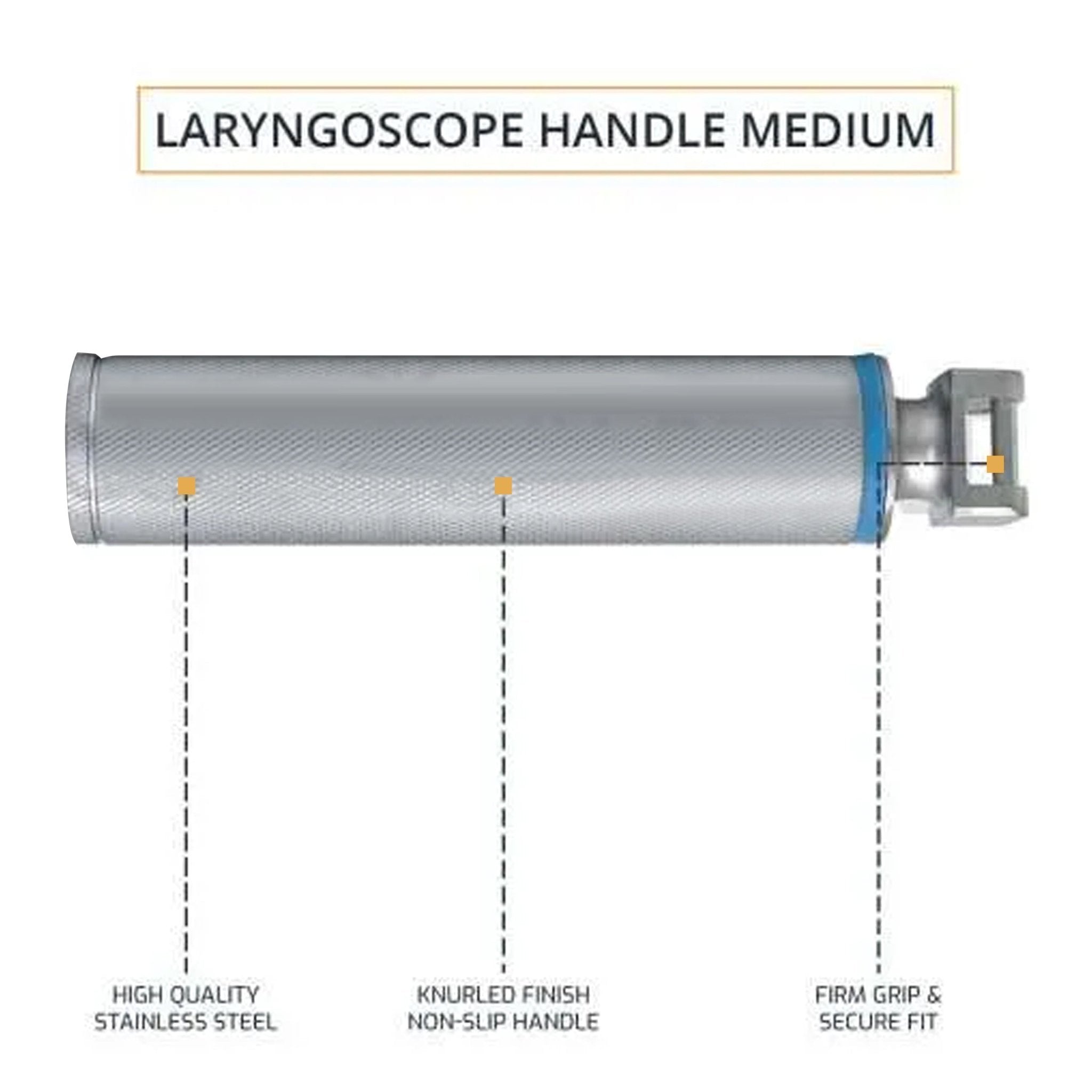 "A horizontal view of a 'Laryngoscope Handle Medium.' Dotted lines point to features labeled: 'High quality stainless steel,' 'Knurled finish non-slip handle,' and 'Firm grip & secure fit.'"