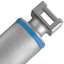 "A close-up, angled view of the top of a laryngoscope handle, showing the metal hook-on bar connection and a blue color-coded ring."