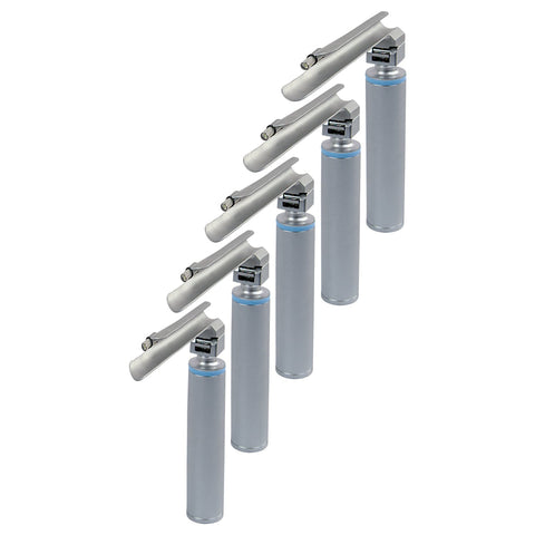 A high-angle perspective of five assembled laryngoscopes standing in a diagonal row, highlighting the straight Miller blades and the tops of the handles.