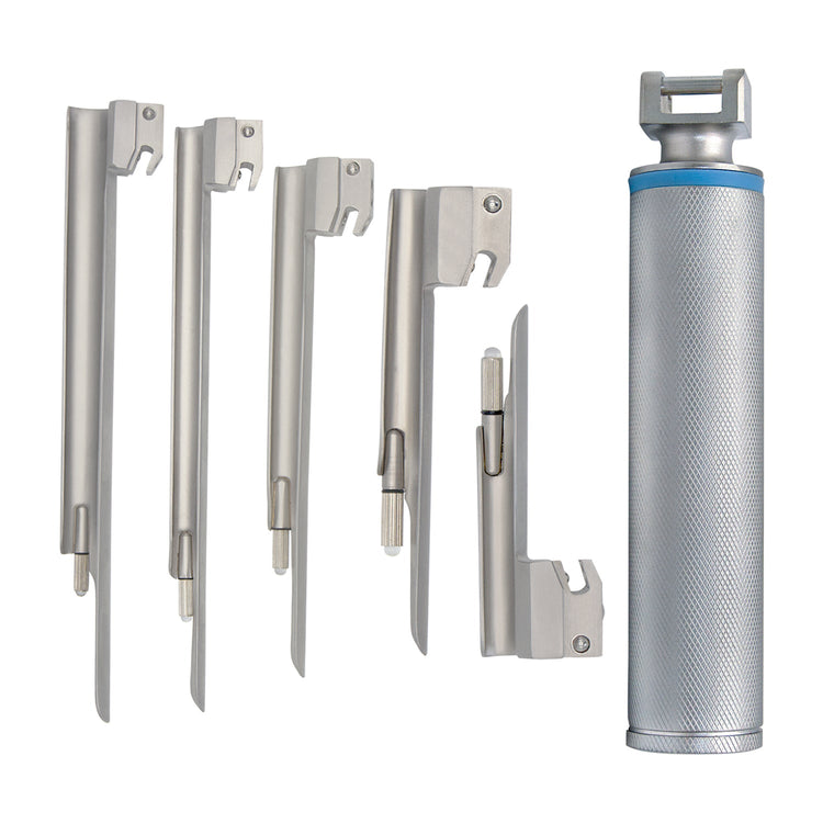 A silver laryngoscope handle standing on the right next to a row of five detached Miller blades standing vertically, showcasing the connection bases and straight blade design.