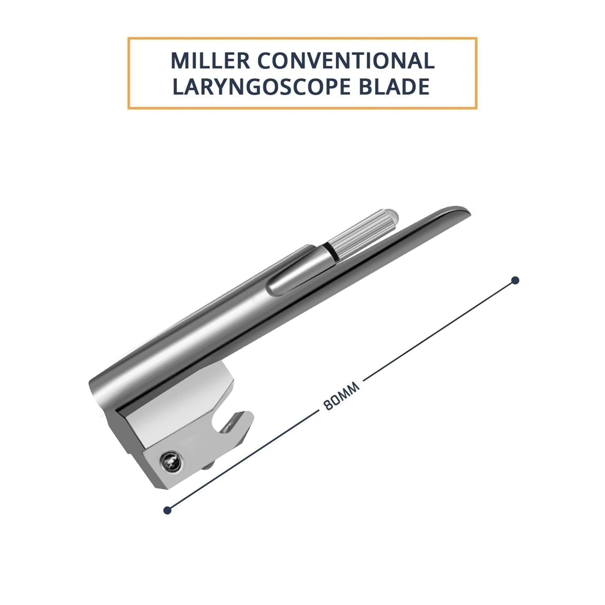 "A stainless steel Miller conventional laryngoscope blade with a straight design. Text indicates the length is 80mm."