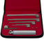 An open case with a red interior insert featuring horizontal cutouts holding four Miller blades, with a fifth blade and the silver handle secured horizontally at the bottom.