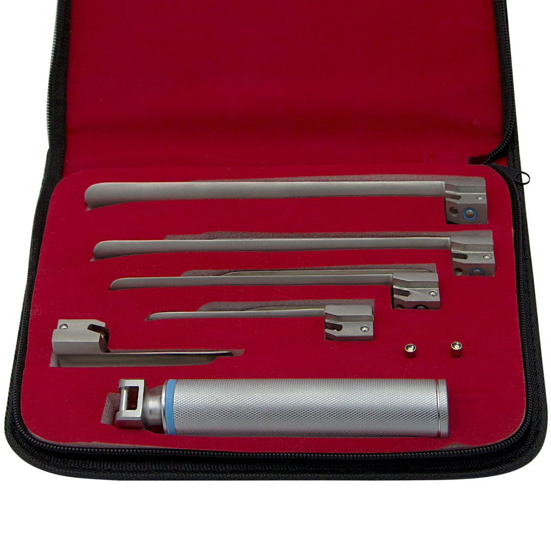 An open case with a red interior insert featuring horizontal cutouts holding four Miller blades, with a fifth blade and the silver handle secured horizontally at the bottom.