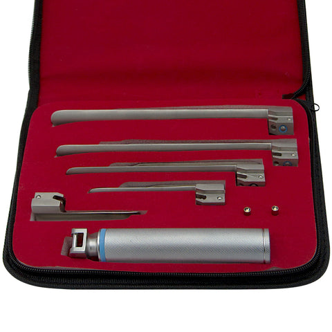 An open case with a red interior insert featuring horizontal cutouts holding four Miller blades, with a fifth blade and the silver handle secured horizontally at the bottom.