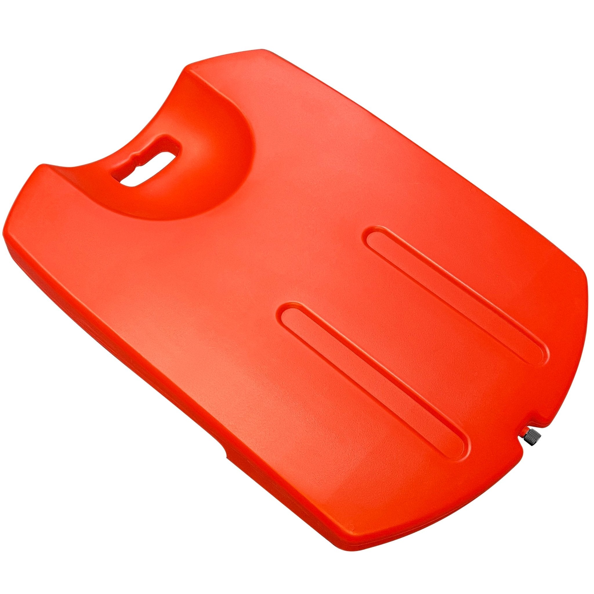 An angled product shot of a bright red CPR backboard, featuring a contoured head cup at the top and two hand grip slots on the sides.