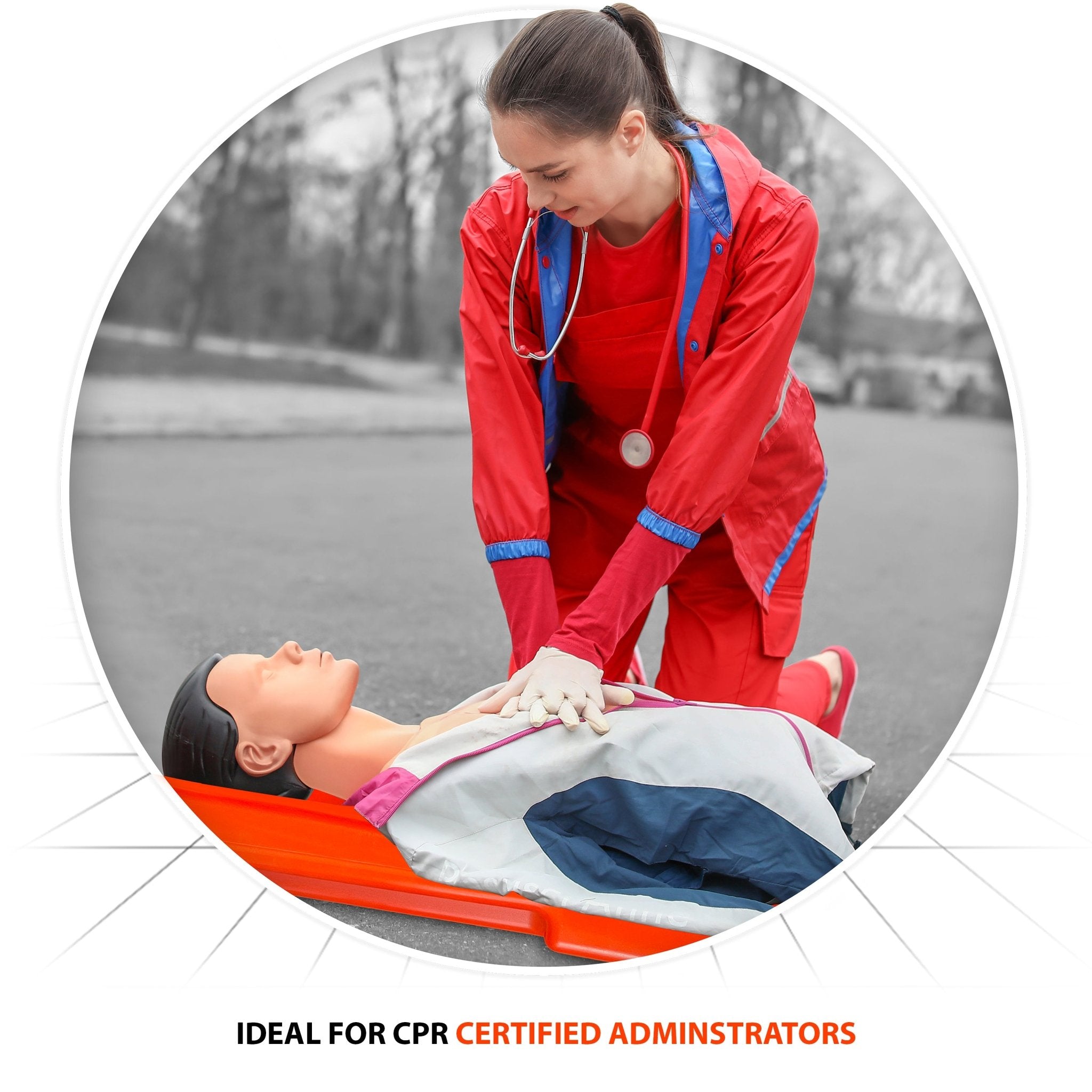 A medical professional in a red uniform practicing chest compressions on a CPR training dummy placed on a red backboard, with text reading "Ideal for CPR certified administrators".