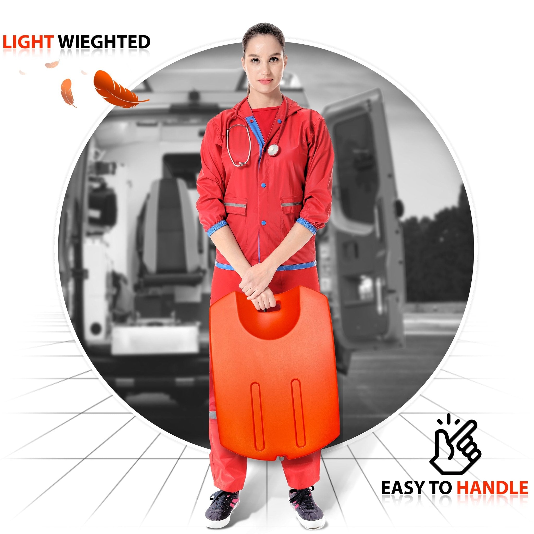 A female medical professional standing and holding the red CPR board by its handle, surrounded by floating feather graphics and text emphasizing "Light weighted" and "Easy to handle".