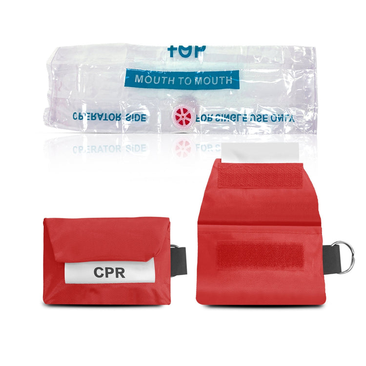 An unfolded clear plastic CPR face shield with a blue "Mouth to Mouth" label and valve, displayed above the red carrying pouch shown both open and closed.