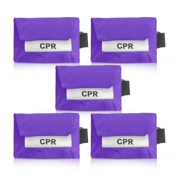 A pack of five purple CPR keychain pouches arranged in a symmetrical pattern on a white background.