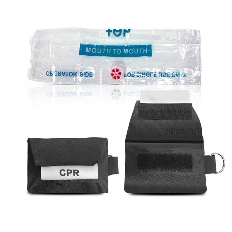 An unfolded clear plastic CPR face shield with a blue "Mouth to Mouth" label and valve, displayed above the black carrying pouch shown both open and closed.