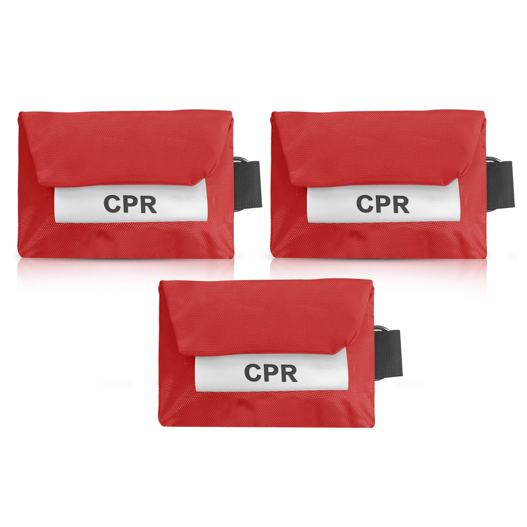 A set of three identical red CPR keychain pouches with white labels arranged in a triangular group.