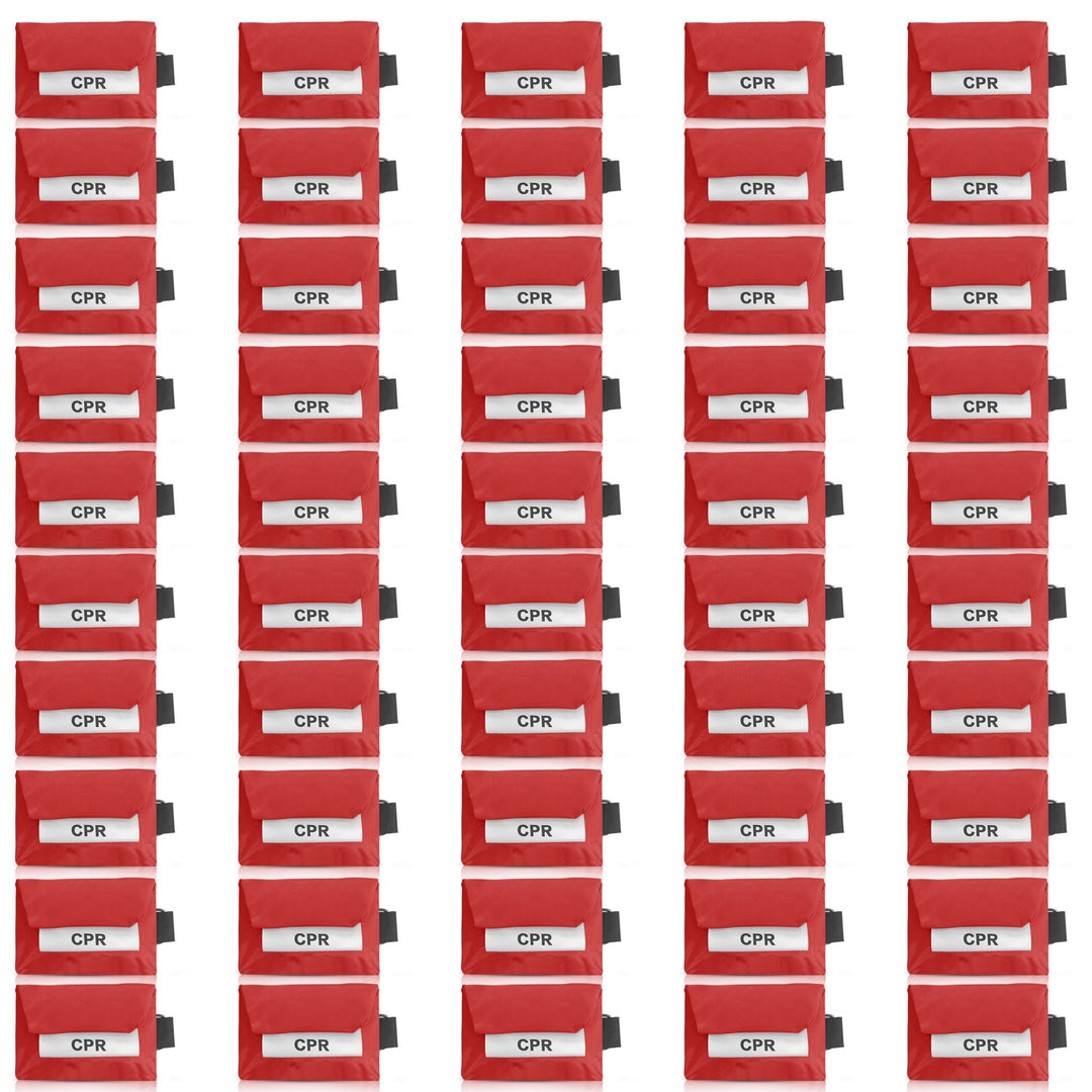 A large bulk set of fifty red CPR keychain pouches arranged in a five-by-five grid pattern.