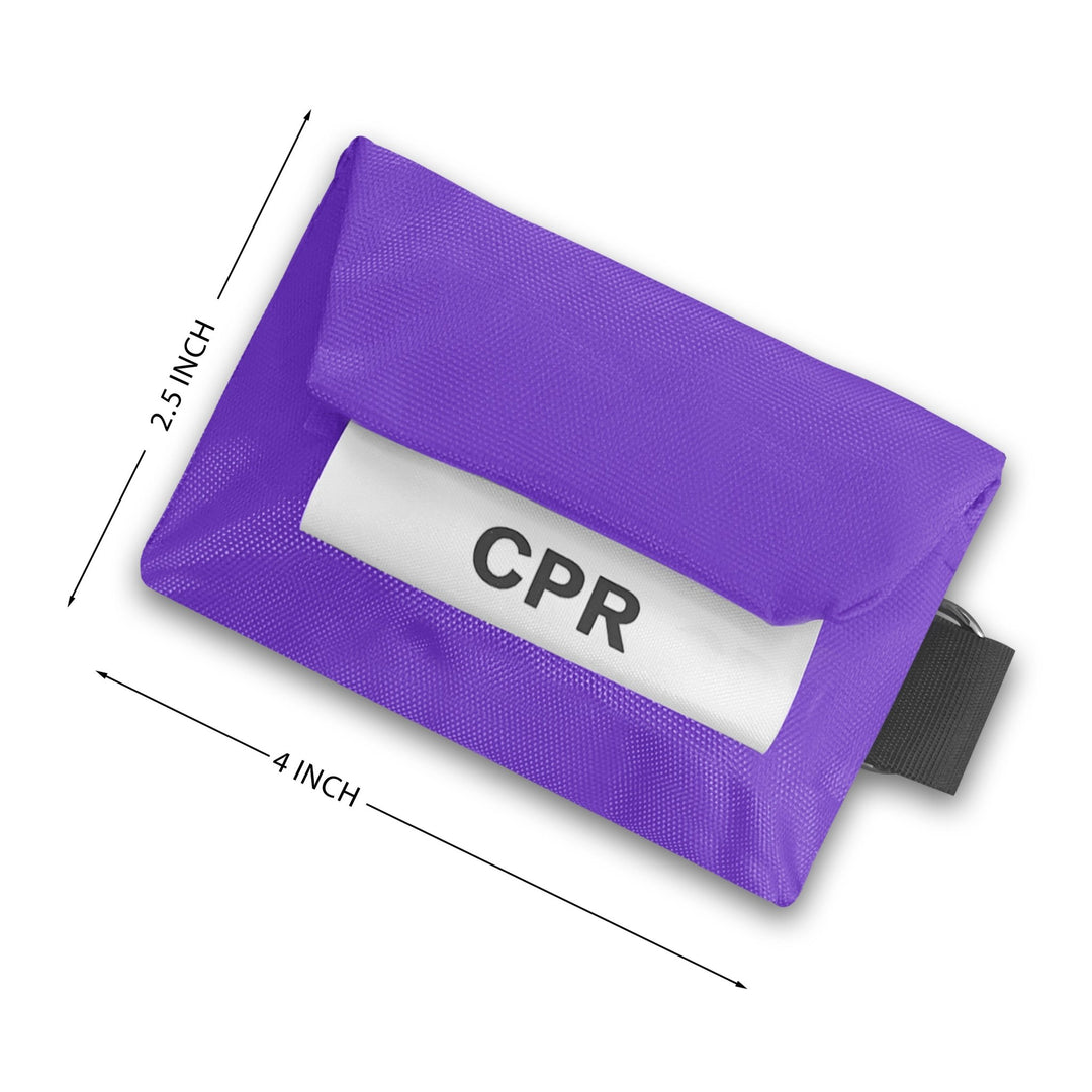 A purple CPR pouch with dimension lines indicating it measures 4 inches in width and 2.5 inches in height.