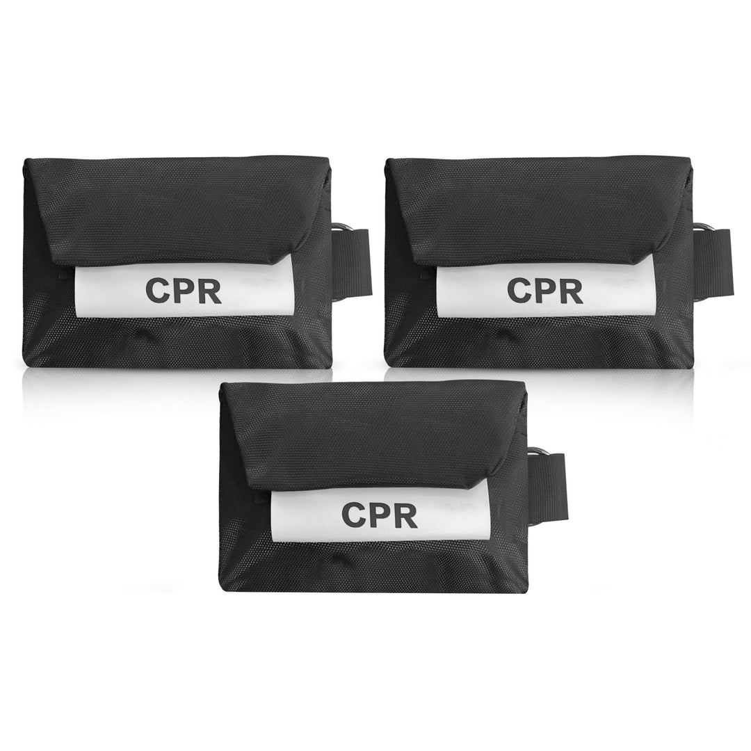 A set of three identical black CPR keychain pouches with white labels arranged in a triangular group.