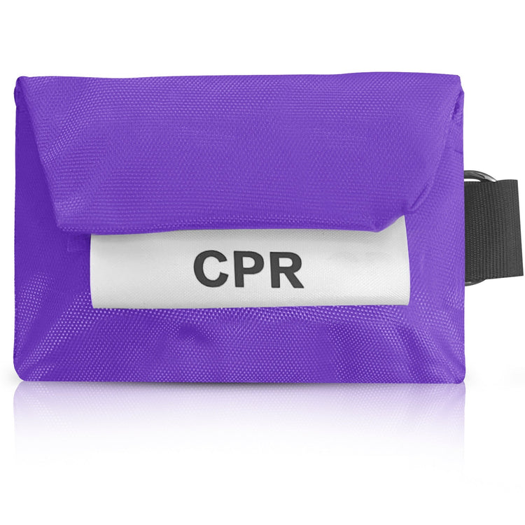 A close-up, front-facing view of a single purple nylon pouch with a white label reading "CPR" in bold text.
