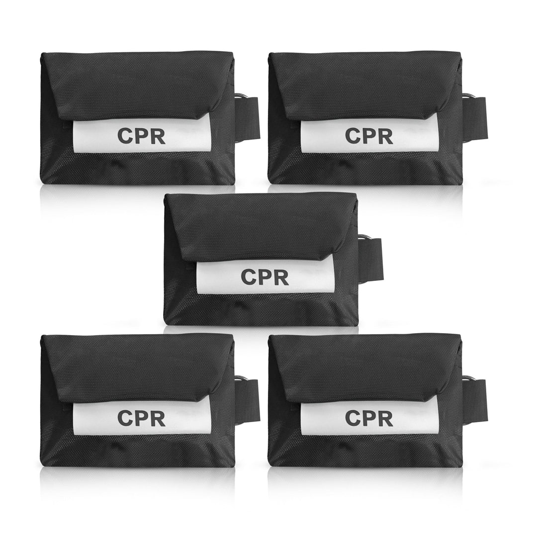 A pack of five black CPR keychain pouches arranged in a symmetrical pattern on a white background.