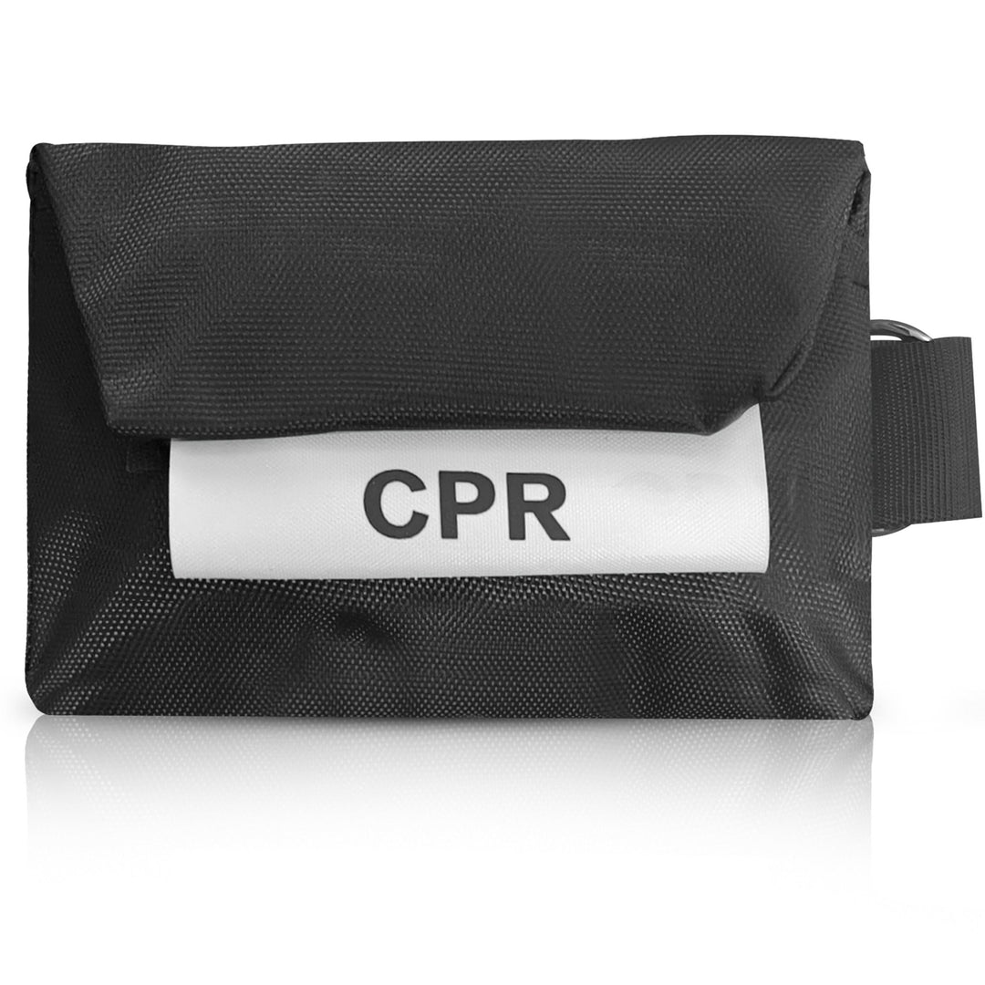 A close-up, front-facing view of a single black nylon pouch with a white label reading "CPR" in bold text.