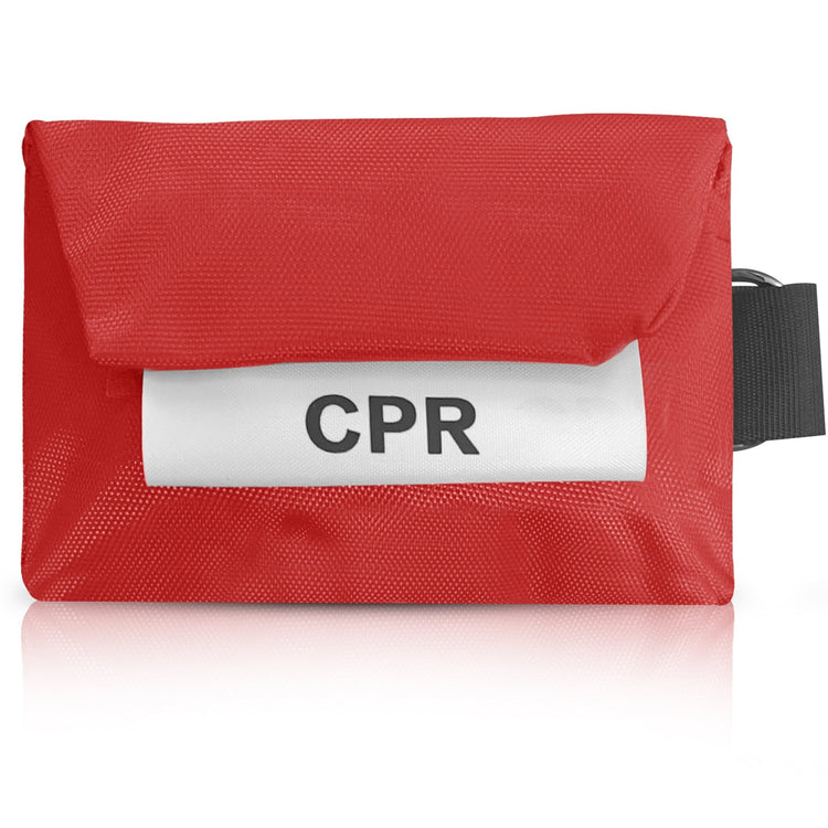 A close-up, front-facing view of a single red nylon pouch with a white label reading "CPR" in bold text.